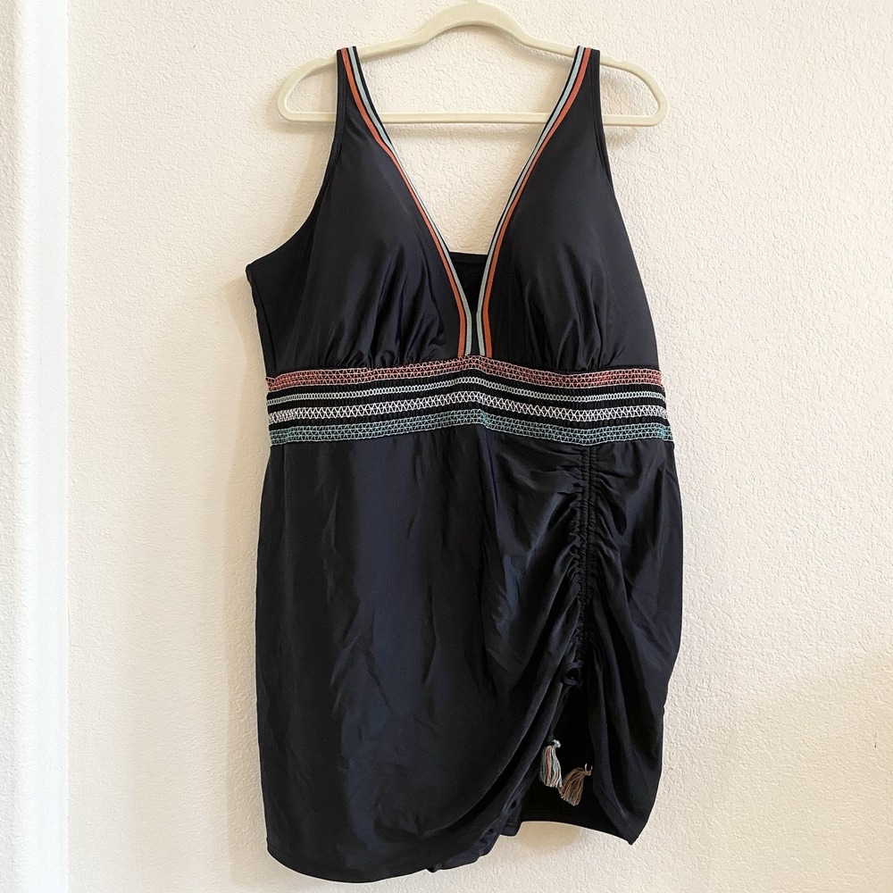 Cacique Swim Wireless Tankini Swim Dress Woman Plus 28 Black Lined‎ MSRP $139